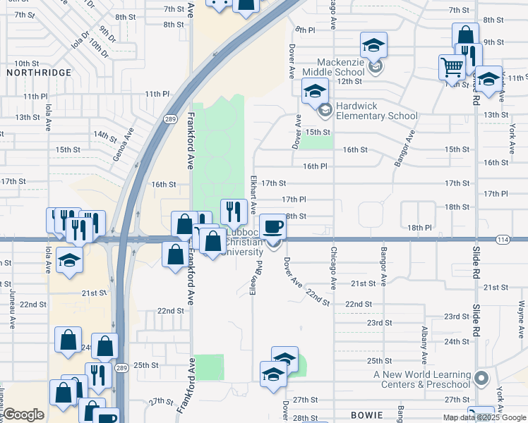map of restaurants, bars, coffee shops, grocery stores, and more near 5541 18th Street in Lubbock