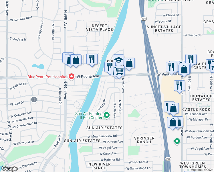 map of restaurants, bars, coffee shops, grocery stores, and more near 10410 North 97th Drive in Peoria
