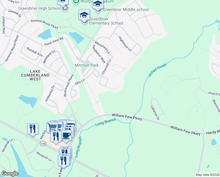 map of restaurants, bars, coffee shops, grocery stores, and more near Hilton Court in Evans