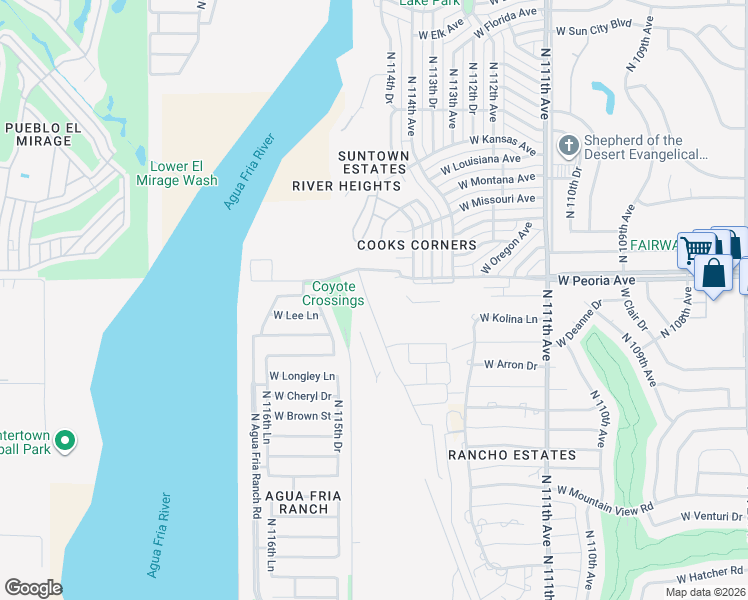 map of restaurants, bars, coffee shops, grocery stores, and more near 11555 West Peoria Avenue in Youngtown