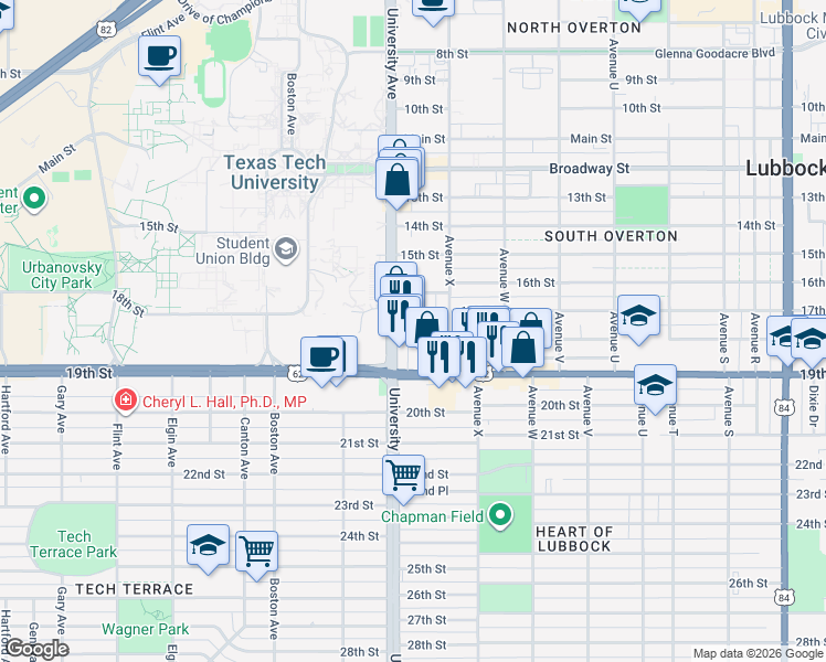 map of restaurants, bars, coffee shops, grocery stores, and more near 1612 Avenue Y in Lubbock