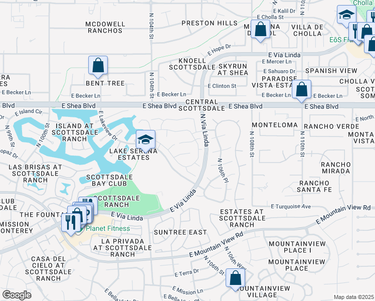 map of restaurants, bars, coffee shops, grocery stores, and more near 10546 East Topaz Circle in Scottsdale
