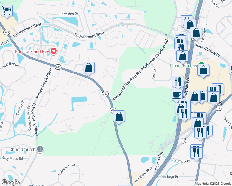 map of restaurants, bars, coffee shops, grocery stores, and more near 11296 Mcdowell Shortcut Road in Murrells Inlet