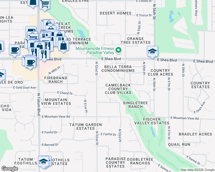 map of restaurants, bars, coffee shops, grocery stores, and more near 5236 East Gold Dust Avenue in Paradise Valley