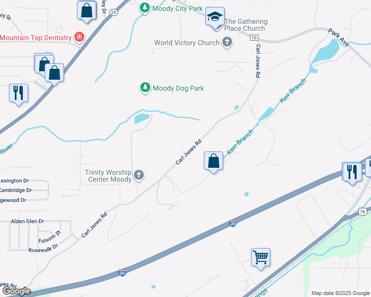 map of restaurants, bars, coffee shops, grocery stores, and more near 2531 Carl Jones Road in Moody
