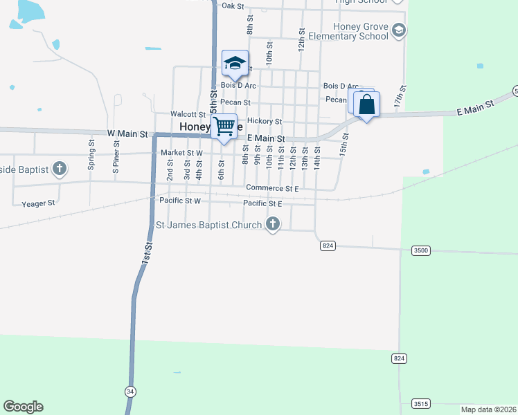 map of restaurants, bars, coffee shops, grocery stores, and more near 101 10th Street in Honey Grove