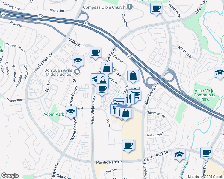 map of restaurants, bars, coffee shops, grocery stores, and more near 12 Beacon Way in Aliso Viejo