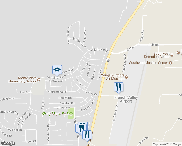 map of restaurants, bars, coffee shops, grocery stores, and more near 37241 Galileo Lane in Murrieta