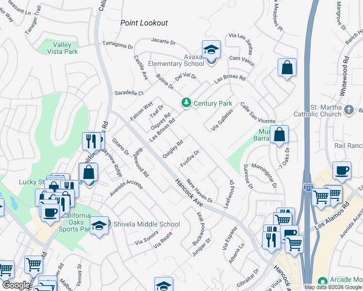 map of restaurants, bars, coffee shops, grocery stores, and more near 24443 Mooncrest Circle in Murrieta