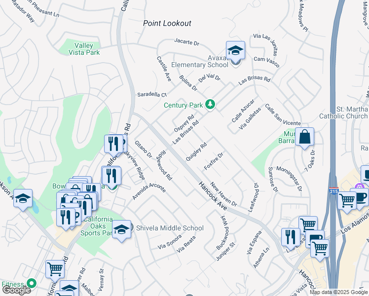 map of restaurants, bars, coffee shops, grocery stores, and more near 24420 Oakridge Circle in Murrieta