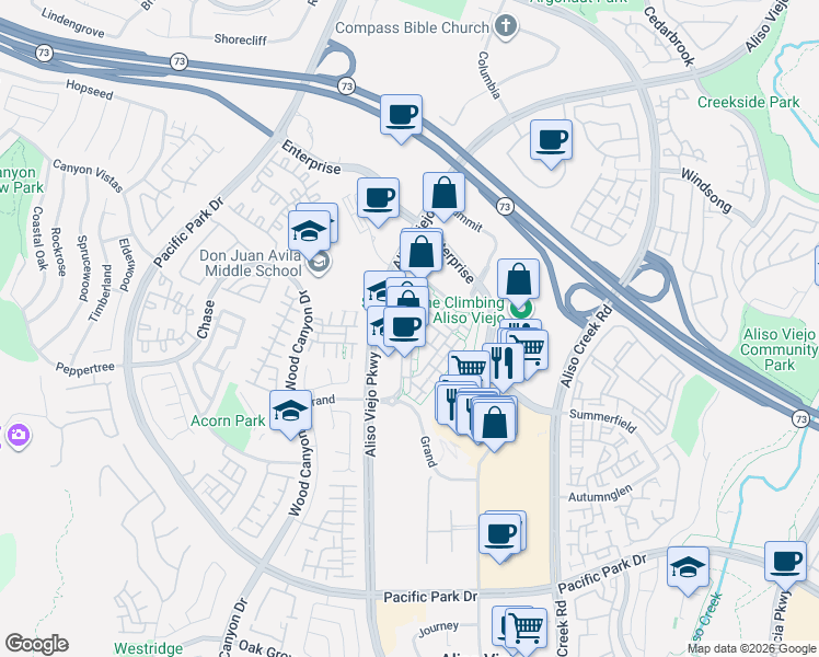 map of restaurants, bars, coffee shops, grocery stores, and more near 49 Vantis Drive in Aliso Viejo