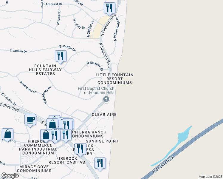map of restaurants, bars, coffee shops, grocery stores, and more near 10401 North Saguaro Boulevard in Fountain Hills