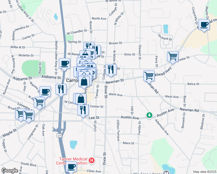 map of restaurants, bars, coffee shops, grocery stores, and more near 202 Tanner Street in Carrollton