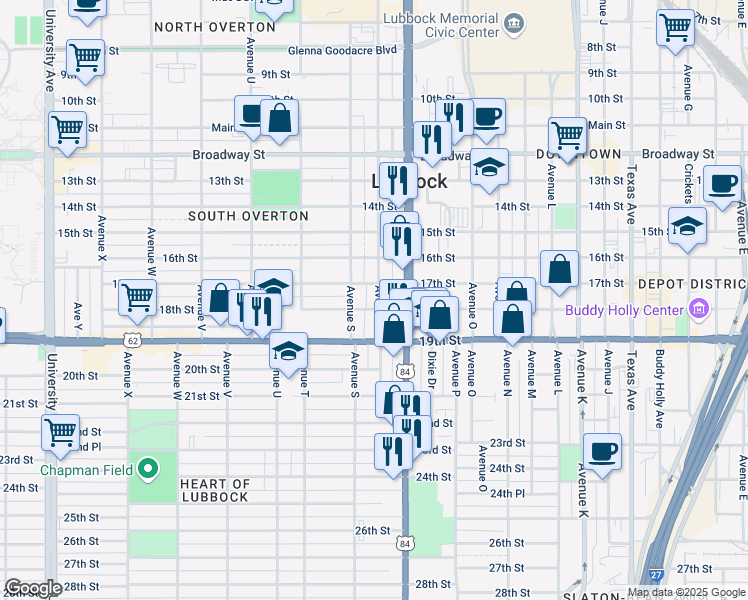map of restaurants, bars, coffee shops, grocery stores, and more near 1708 18th Street in Lubbock