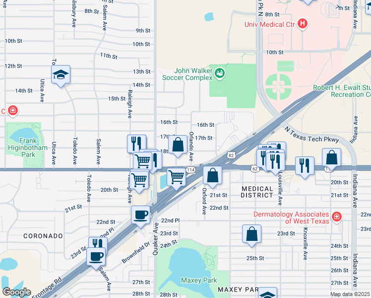map of restaurants, bars, coffee shops, grocery stores, and more near 4203 18th Street in Lubbock