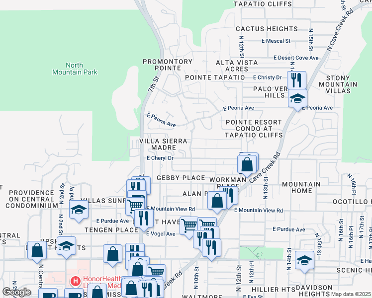 map of restaurants, bars, coffee shops, grocery stores, and more near 10210 North 8th Place in Phoenix