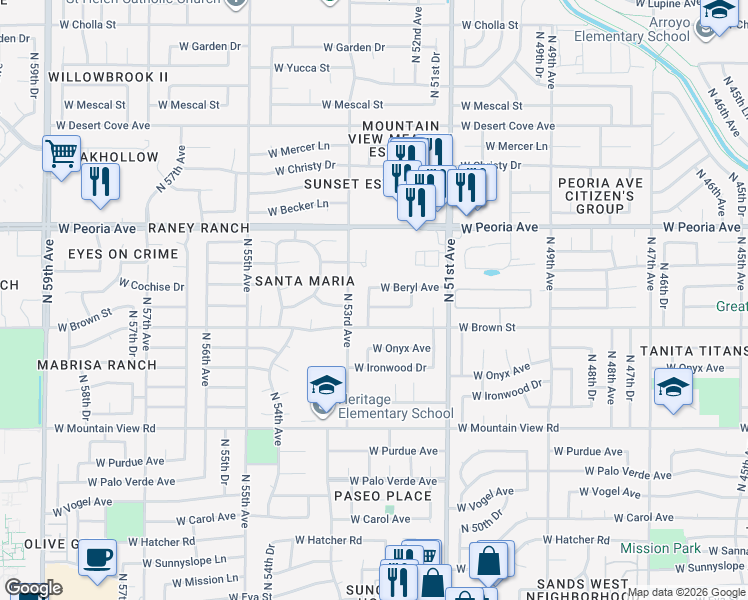 map of restaurants, bars, coffee shops, grocery stores, and more near 5221 West Cheryl Drive in Glendale