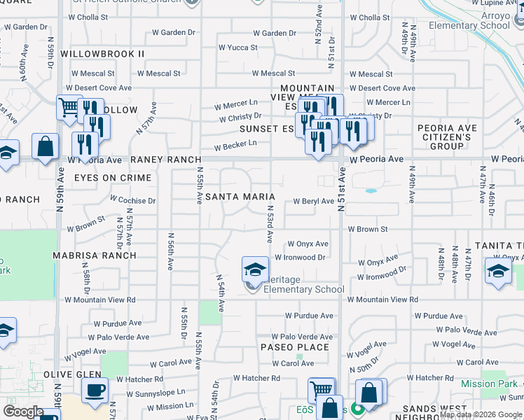 map of restaurants, bars, coffee shops, grocery stores, and more near 10221 North 53rd Avenue in Glendale