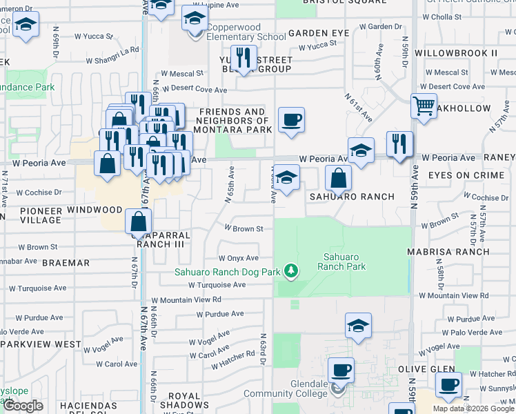 map of restaurants, bars, coffee shops, grocery stores, and more near 6314 West Cheryl Drive in Glendale