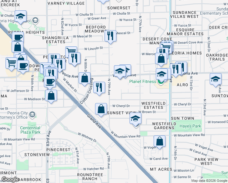 map of restaurants, bars, coffee shops, grocery stores, and more near 10401 North 79th Avenue in Peoria