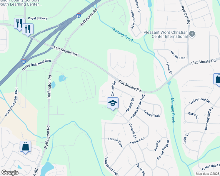 map of restaurants, bars, coffee shops, grocery stores, and more near 6125 Connell Road in Atlanta