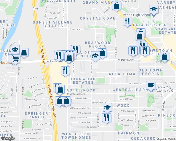 map of restaurants, bars, coffee shops, grocery stores, and more near 10420 North 89th Avenue in Peoria