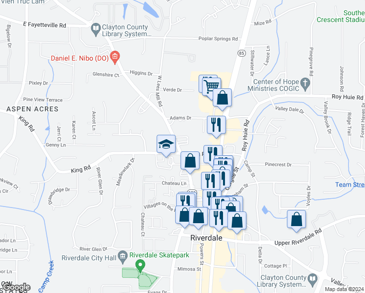map of restaurants, bars, coffee shops, grocery stores, and more near 6428 Church Street in Riverdale