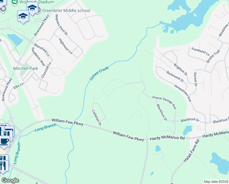 map of restaurants, bars, coffee shops, grocery stores, and more near 723 Spotswood Drive in Evans