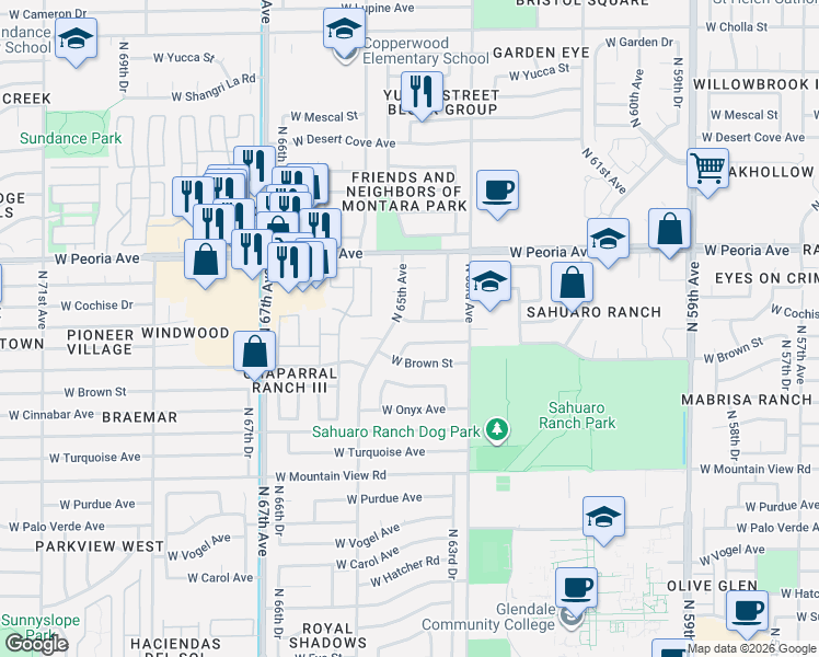 map of restaurants, bars, coffee shops, grocery stores, and more near 6350 West Cheryl Drive in Glendale
