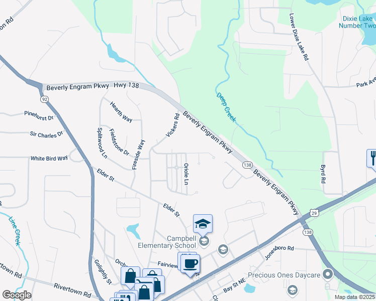 map of restaurants, bars, coffee shops, grocery stores, and more near 4005 Oriole Lane in Fairburn