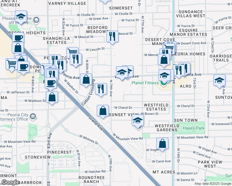 map of restaurants, bars, coffee shops, grocery stores, and more near 10401 North 79th Avenue in Peoria