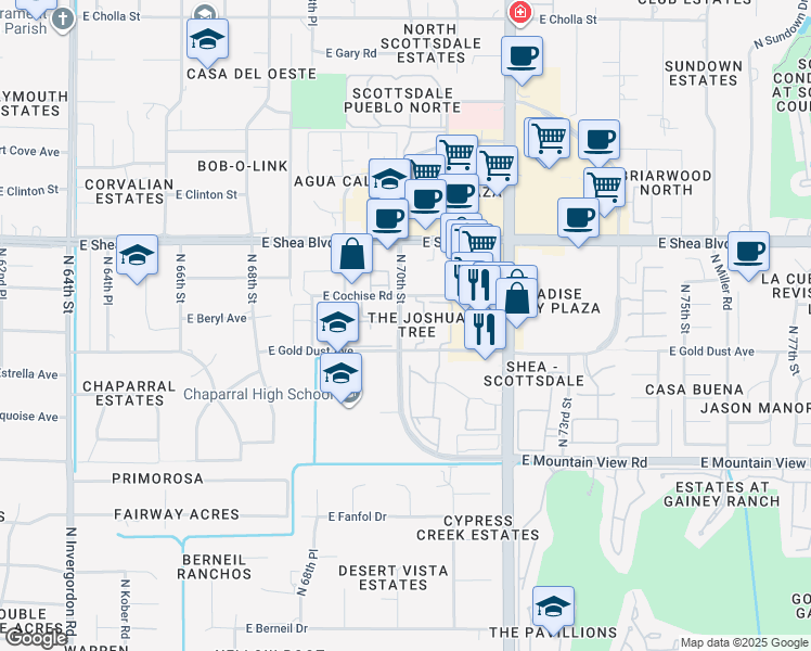 map of restaurants, bars, coffee shops, grocery stores, and more near 10301 North 70th Street in Paradise Valley