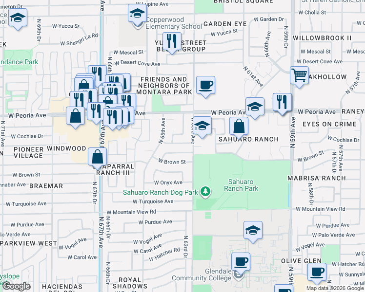 map of restaurants, bars, coffee shops, grocery stores, and more near 6314 West Cheryl Drive in Glendale