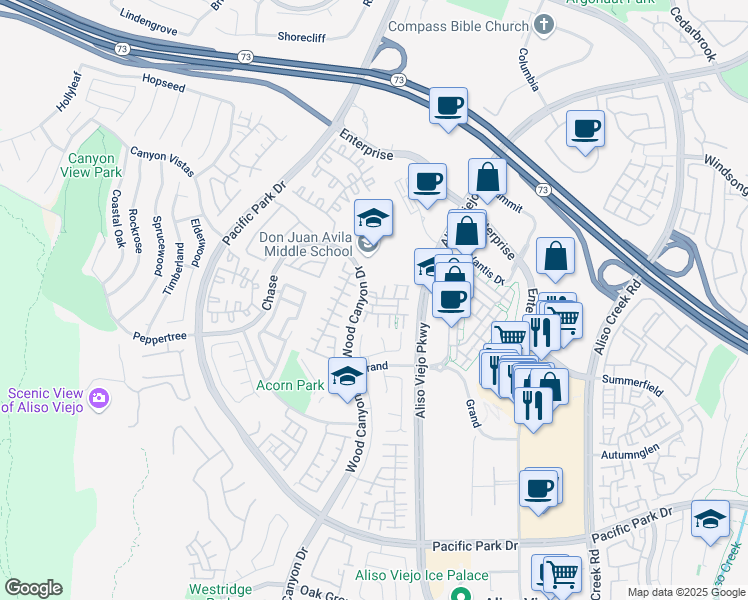 map of restaurants, bars, coffee shops, grocery stores, and more near 12 Cupertino Circle in Aliso Viejo