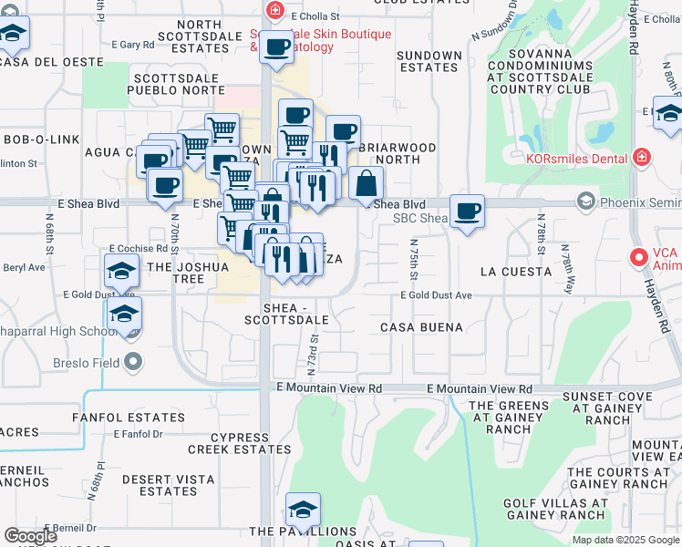 map of restaurants, bars, coffee shops, grocery stores, and more near 7370 East Gold Dust Avenue in Scottsdale