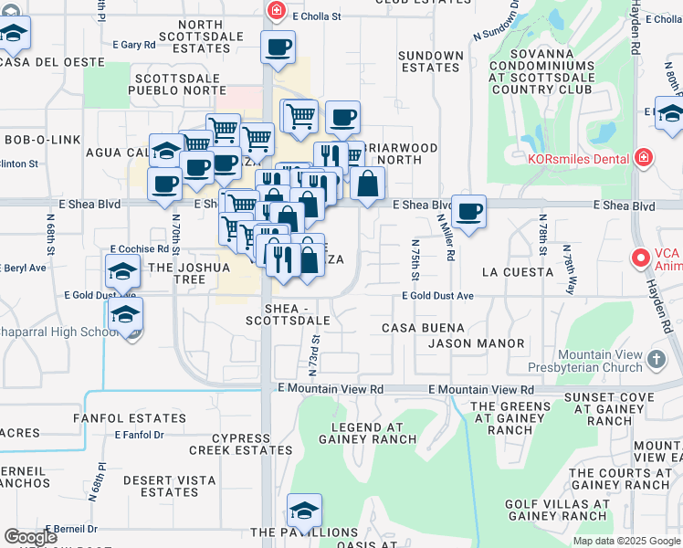 map of restaurants, bars, coffee shops, grocery stores, and more near 7370 East Gold Dust Avenue in Scottsdale