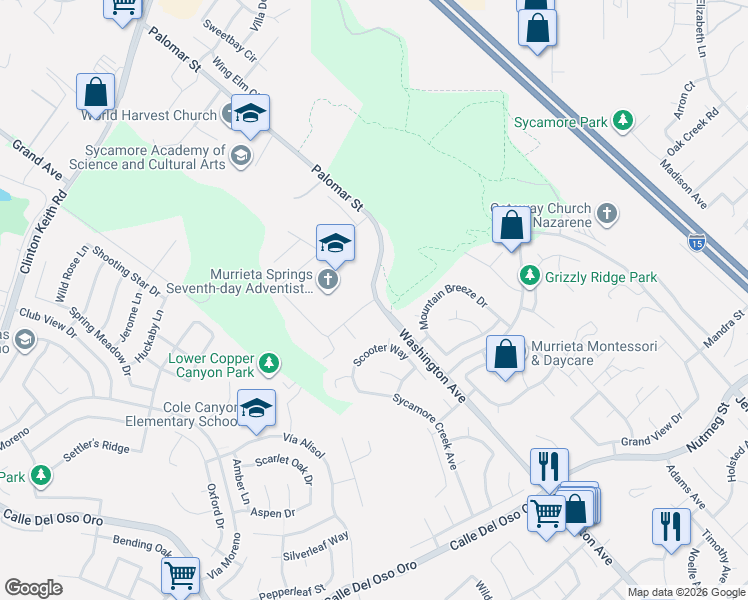 map of restaurants, bars, coffee shops, grocery stores, and more near 23570 Evening Primrose Court in Murrieta