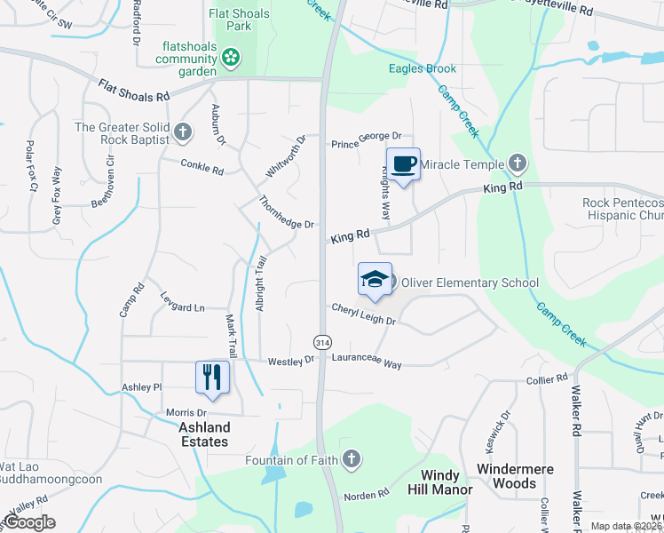 map of restaurants, bars, coffee shops, grocery stores, and more near 6464 West Fayetteville Road in Riverdale