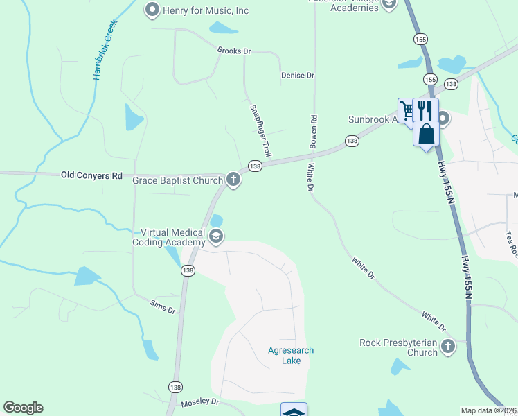 map of restaurants, bars, coffee shops, grocery stores, and more near 2170 Georgia 138 in Stockbridge