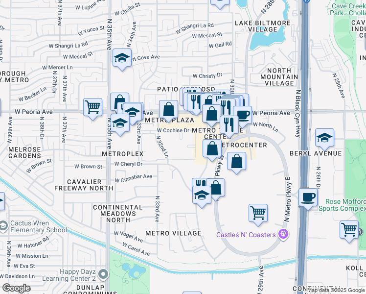 map of restaurants, bars, coffee shops, grocery stores, and more near 3119 West Cochise Drive in Phoenix