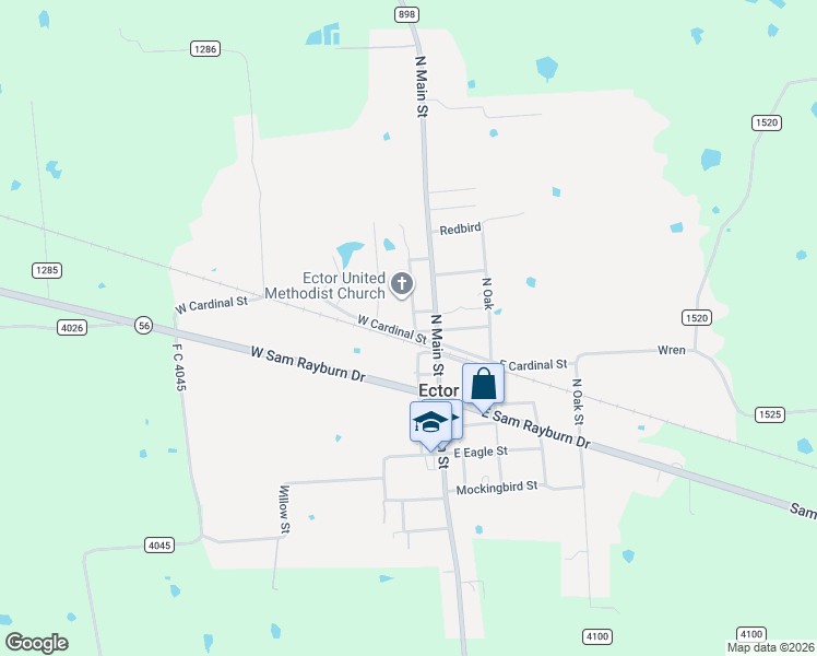 map of restaurants, bars, coffee shops, grocery stores, and more near 301 Church Street in Ector