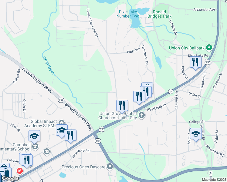 map of restaurants, bars, coffee shops, grocery stores, and more near 6459 Lower Dixie Lake Road in Union City