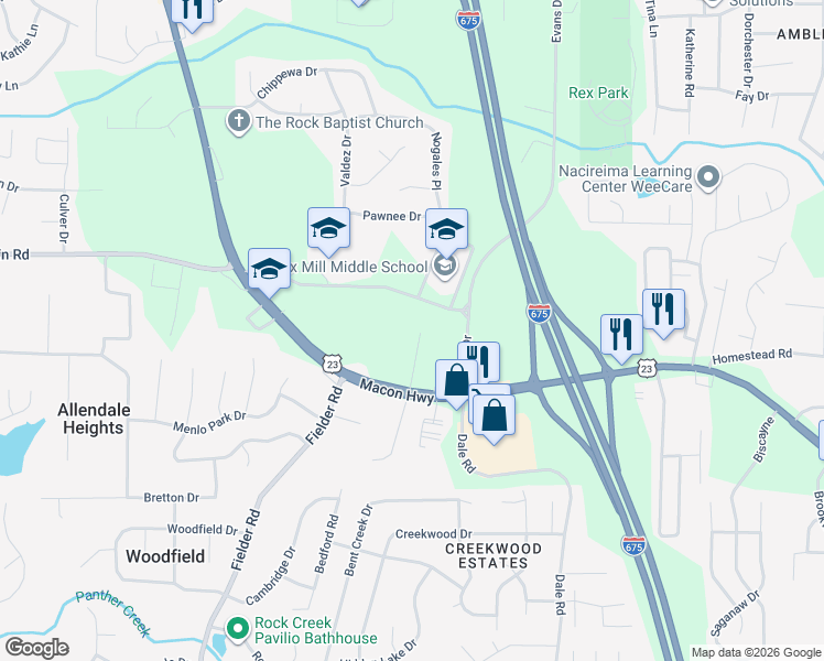 map of restaurants, bars, coffee shops, grocery stores, and more near 6428 Bennett Drive in Rex