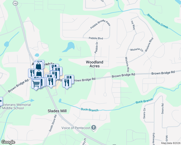 map of restaurants, bars, coffee shops, grocery stores, and more near 12720 Brown Bridge Road in Covington