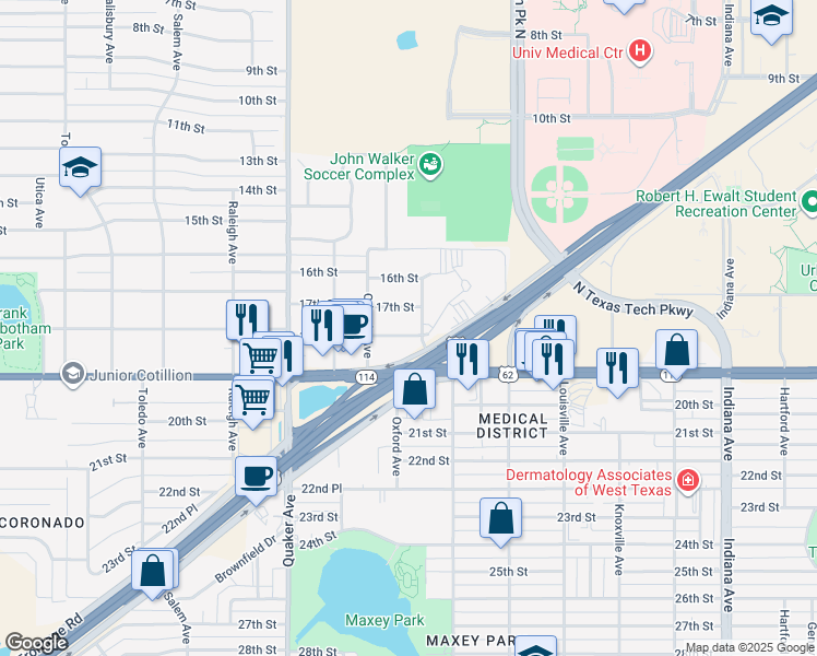 map of restaurants, bars, coffee shops, grocery stores, and more near 4113 18th Street in Lubbock