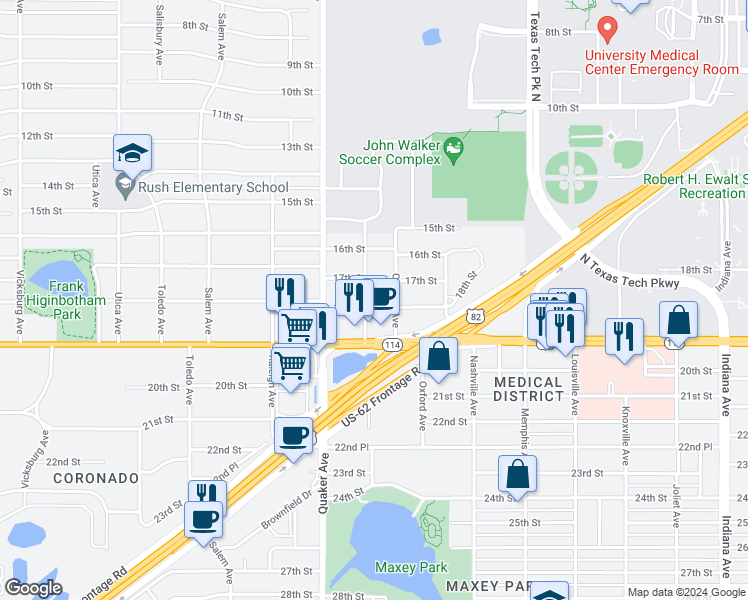 map of restaurants, bars, coffee shops, grocery stores, and more near 4203 18th Street in Lubbock