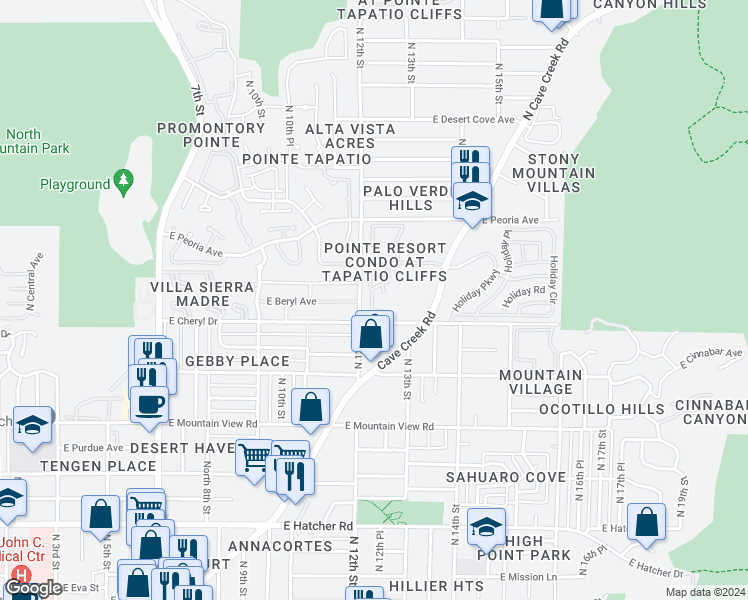 map of restaurants, bars, coffee shops, grocery stores, and more near 10218 North 12th Place in Phoenix