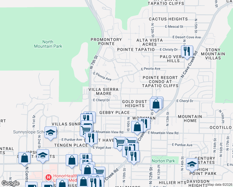 map of restaurants, bars, coffee shops, grocery stores, and more near 10210 North 8th Place in Phoenix