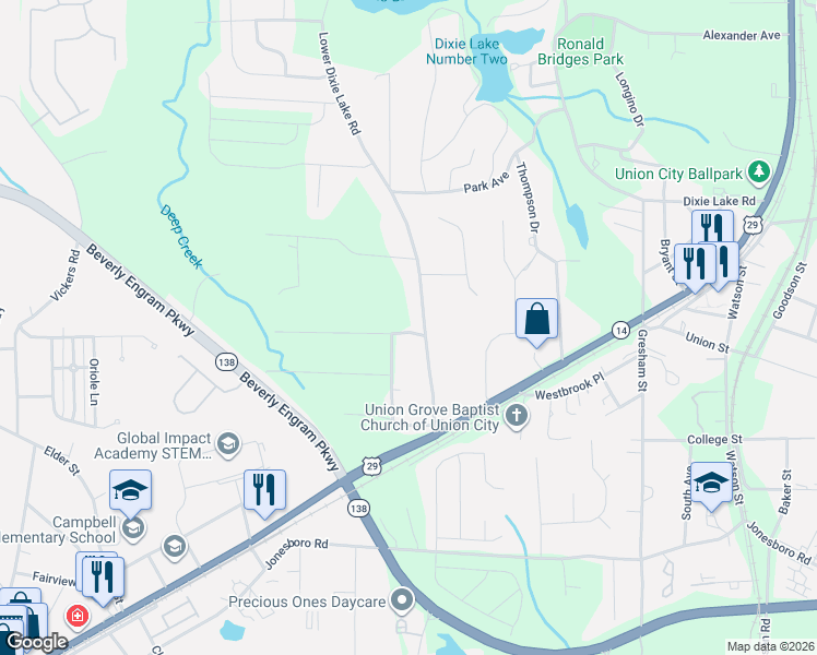 map of restaurants, bars, coffee shops, grocery stores, and more near 6459 Lower Dixie Lake Road in Union City