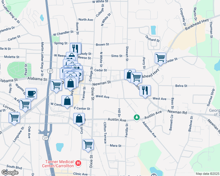 map of restaurants, bars, coffee shops, grocery stores, and more near 529 Newnan Street in Carrollton
